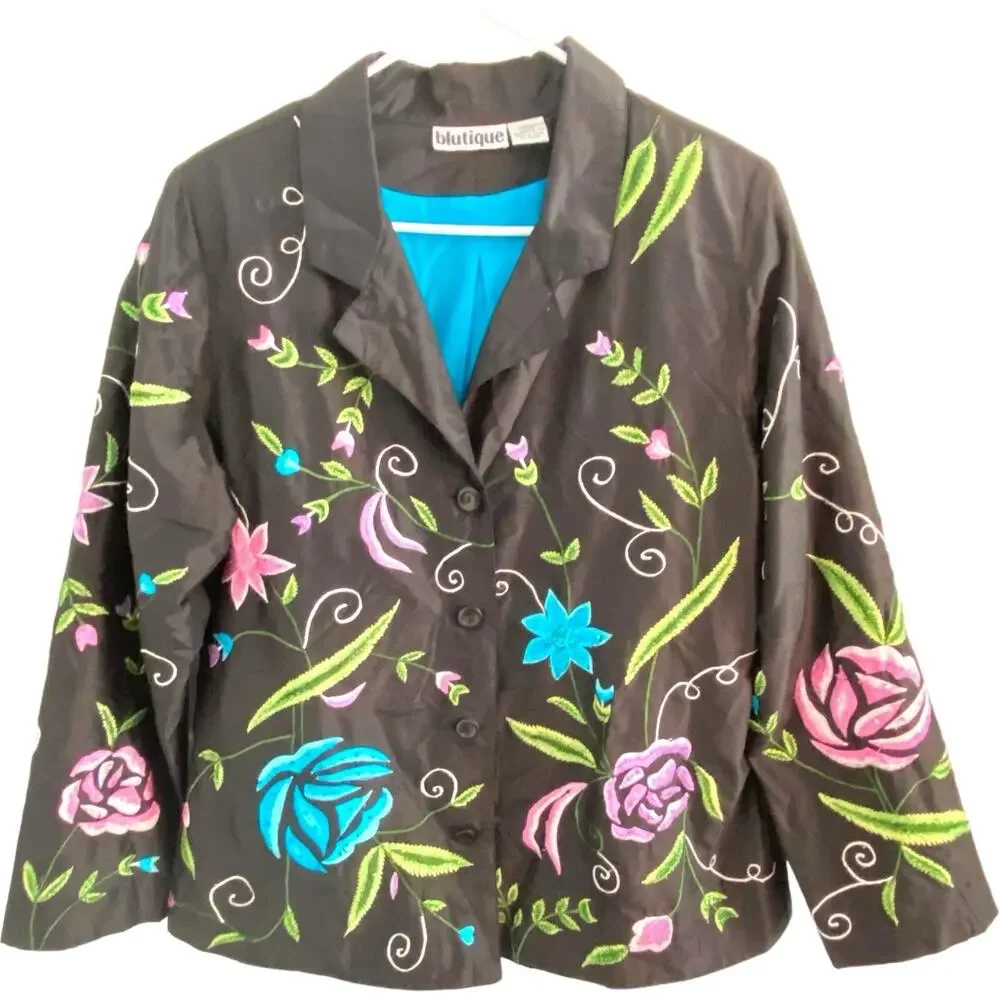 Vintage Silk Jacket Womens Large Floral Blutique Blazer Beaded Lined Buttons - Picture 1 of 7